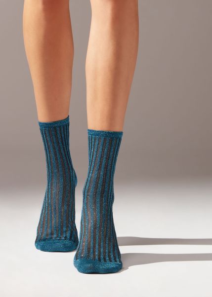 Ribbed Short Socks With Glitter Calzedonia Women Low Cost Short Socks 206 Teal