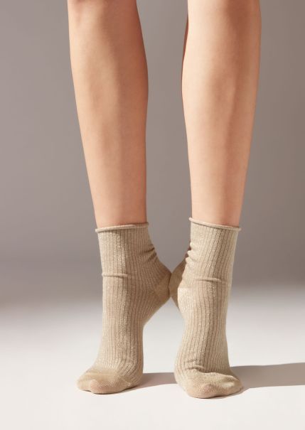 Easy Calzedonia Women 9124 Natural Ribbed Short Socks With Glitter Short Socks