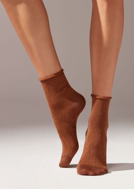 Short Socks Low Cost Women Ribbed Short Socks With Glitter 9962 Terracotta Calzedonia