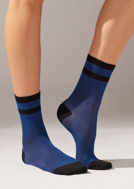 Short Socks Calzedonia Women Striped Short Socks With Glitter Efficient 9903 Black/Cornflower Blue