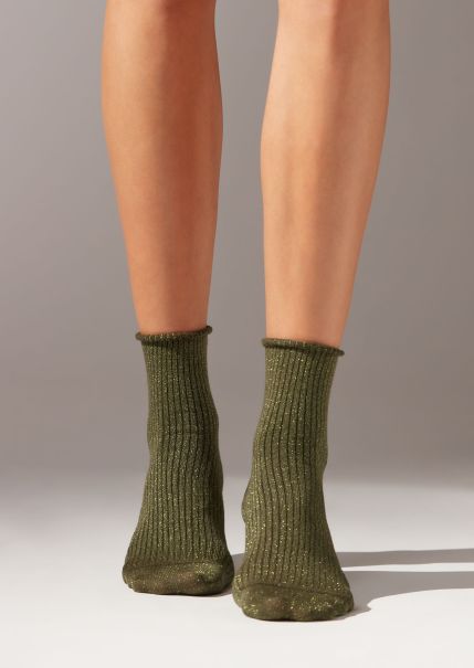 Charming Short Socks Ribbed Short Socks With Glitter Women Calzedonia 030 Army Green