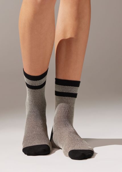 Short Socks Striped Short Socks With Glitter Calzedonia Retro Women 9904 Black/Natural