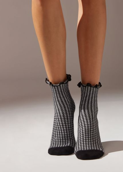 Calzedonia Women Affordable Houndstooth Motif Short Socks Short Socks 9908 Black/White Houndstooth