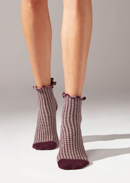 Free Calzedonia 9967 Plum Purple Houndstooth Motif Short Socks Short Socks Women
