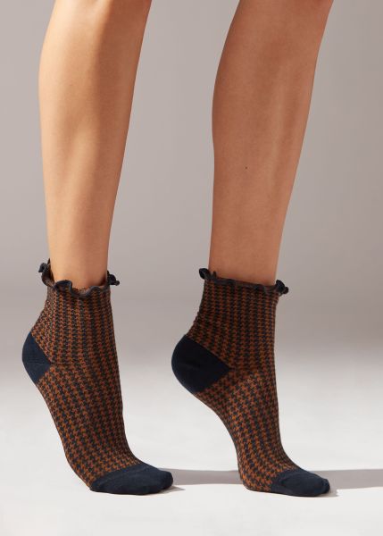 Markdown Women Houndstooth Motif Short Socks 9907 Blue/Terracotta Houndstooth Calzedonia Short Socks