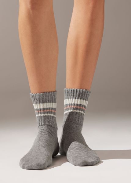 9779 Gray Melange Stripes Stylish Calzedonia Women Short Socks Soft Short Socks With Striped Motif