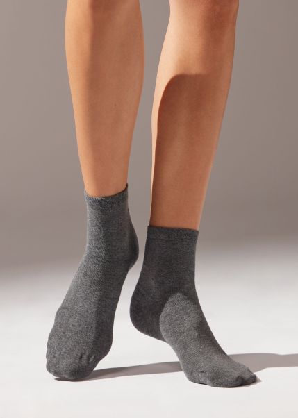Calzedonia Women 042 Mid Grey Blend Short Socks With Trimmed Cuffs Short Socks Sleek