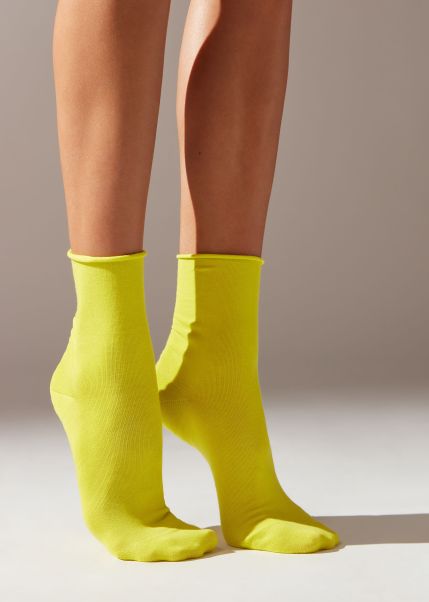Women Calzedonia Functional Non-Elastic Cotton Ankle Socks 490 Lime Yellow Short Socks