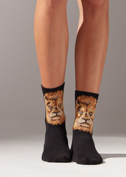 Calzedonia Sumptuous Women Animals Design Short Sport Socks Short Socks 9871 Black Lion Animal