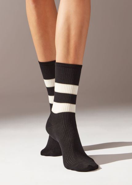 Short Socks Women Calzedonia 019 Black Ribbed Striped Short Socks Comfortable