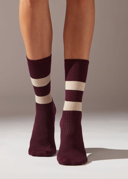 Cheap 324 Plum Purple Calzedonia Women Short Socks Ribbed Striped Short Socks