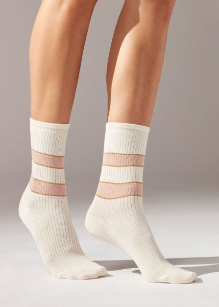 Short Socks Calzedonia Ribbed Striped Short Socks Women 4701 Cream Simple