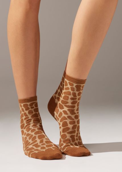Now Short Socks Women Calzedonia 9837 Terracotta Giraffe Glitter Animal Print Short Socks With Glitter