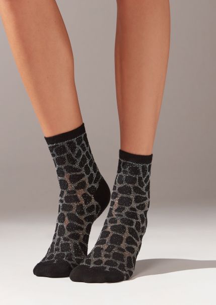 9836 Black Giraffe Glitter Animal Print Short Socks With Glitter Women Calzedonia Specialized Short Socks