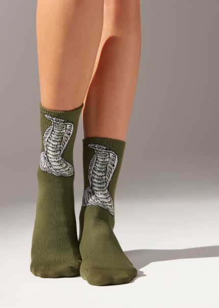 Smart Women Short Socks 9814 Military Green Snakeskin Calzedonia Animals Design Short Sport Socks