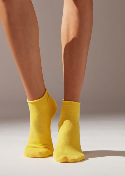 Wholesome 9981 Pineapple Yellow Women Calzedonia Short Socks Cuffless Short Socks In Cotton