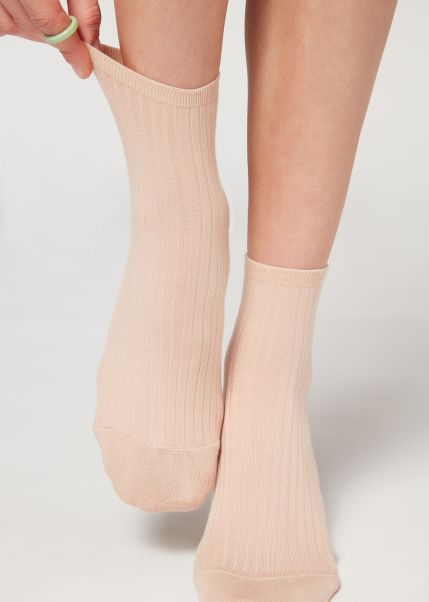 9768 Powder Pink Women Calzedonia Relaxing Ribbed Short Socks Short Socks