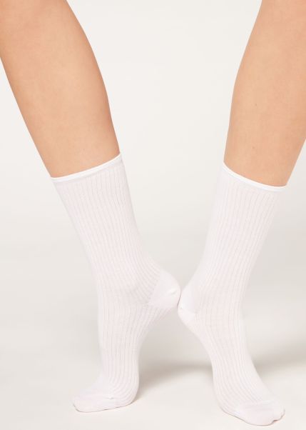 9772 White Rib Luxurious Women Short Socks Calzedonia Ribbed Short Socks