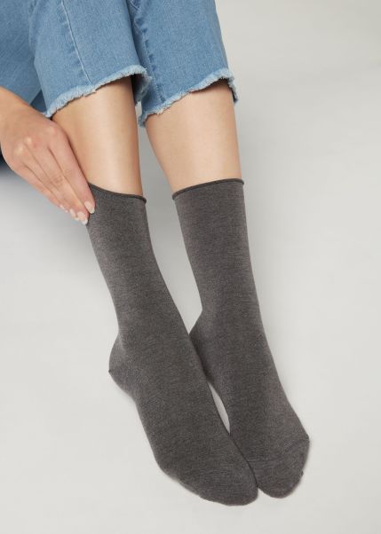 Women Calzedonia Ankle Socks With Cashmere Short Socks 042 Mid Grey Blend Distinctive