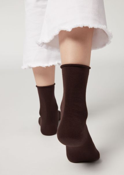 015 Brown Non-Elastic Cotton Ankle Socks Slashed Short Socks Calzedonia Women