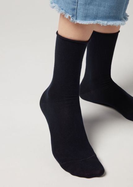 Discount Non-Elastic Cotton Ankle Socks 016 Blue Women Short Socks Calzedonia