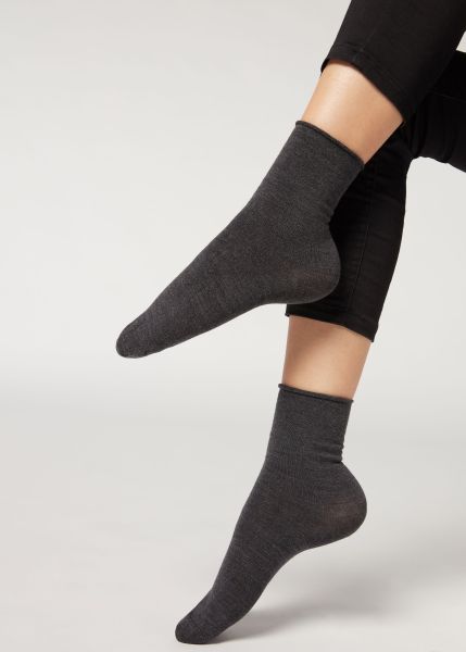 711 Charcoal Grey Blend Retro Calzedonia Short Socks Wool And Cotton Short Socks Women