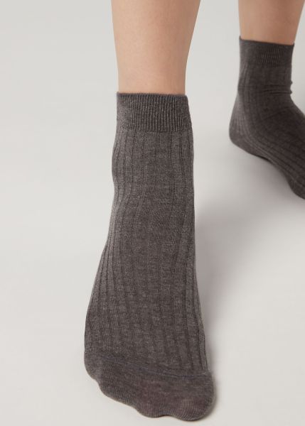042 Mid Grey Blend Markdown Short Socks Women Calzedonia Short Ribbed Socks With Cotton And Cashmere