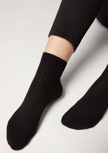 Limited Time Offer Women 019 Black Short Socks Short Ribbed Socks With Cotton And Cashmere Calzedonia