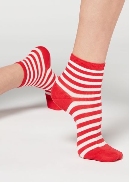 Bargain Calzedonia Women Short Socks Stripe Patterned Short Socks 9665 Red Stripe