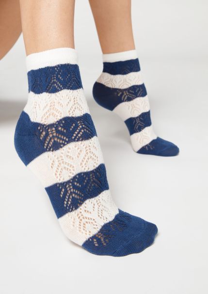 Women Calzedonia Short Socks 9658 Blue Fretwork Stripe Knockdown Openwork And Striped Short Socks