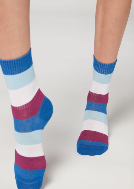 9650 Electric Blue Blocks Versatile Stripe Patterned Short Socks Short Socks Calzedonia Women