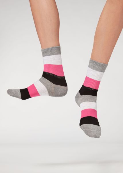 Short Socks 9648 Gray Blocks Calzedonia Long-Lasting Women Stripe Patterned Short Socks