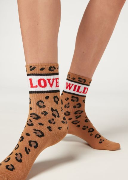Women Short Socks Best 9642 Brown Animal Love Pattern Short Socks Calzedonia