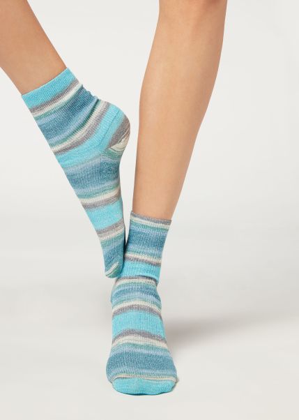 Women Short Socks Faded Striped Short Socks With Glitter 9690 Faded Blue Glitter Special Price Calzedonia