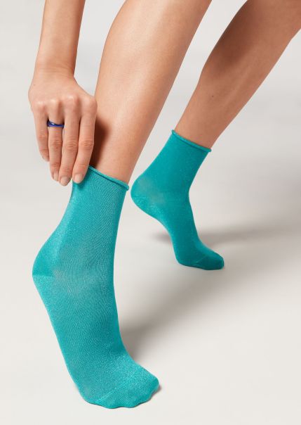 Women Calzedonia Short Socks Short Socks With Glitter Exceptional 9624 Aqua Green Glitter