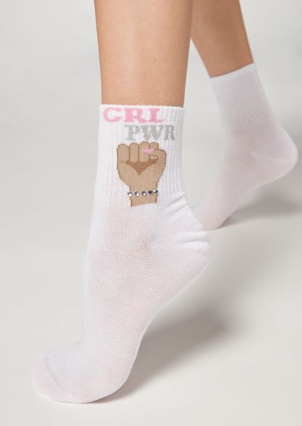 Women Short Socks 9676 White Bracelet Girl Power Girl Power Print Short Socks Opulent Calzedonia