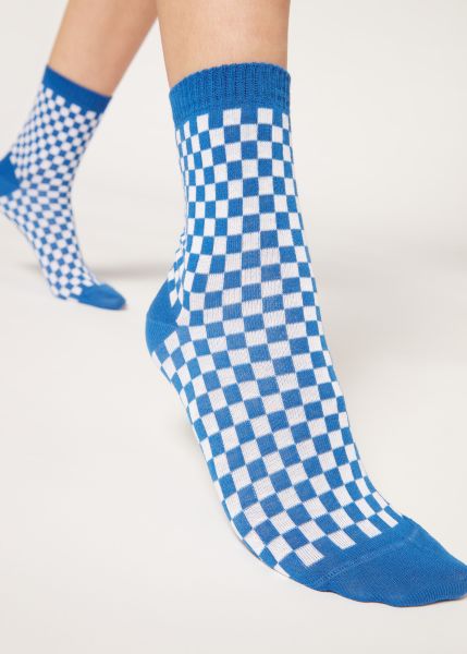 Checkered Pattern Short Socks Distinctive Calzedonia Women Short Socks 9652 Blue Squares