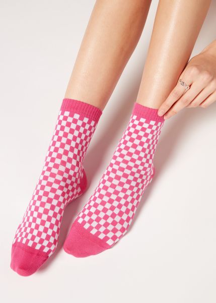 Calzedonia Short Socks Checkered Pattern Short Socks Women Quick 9653 Fuchsia Squares