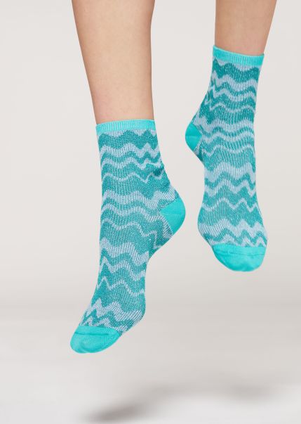 Calzedonia Coupon 9696 Aqua Green Wave Glitter Women Short Socks Wave Motif Short Socks With Glitter