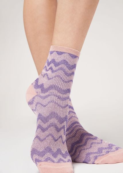 Women Wave Motif Short Socks With Glitter Short Socks Versatile Calzedonia 9695 Pink Wave Glitter