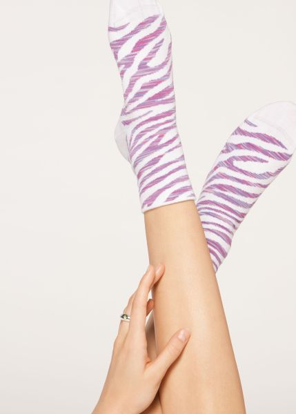 Women Animal Patterned Short Socks 9645 Purple Zebra Versatile Short Socks Calzedonia