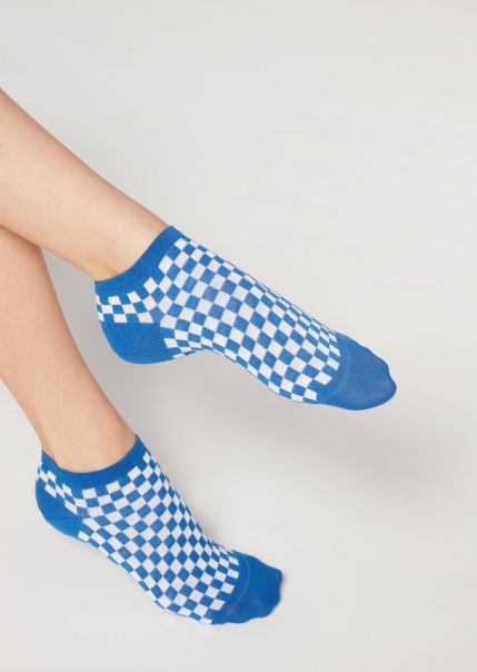 Women Calzedonia New No-Show Socks 9652 Blue Squares Checkered No-Show Socks