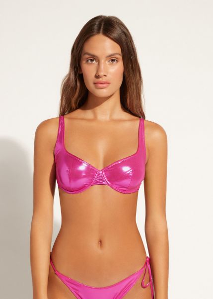 Women Effective 825C Bright Pink Coated-Effect Balconette Swimsuit Top Daytona Calzedonia Bikinis