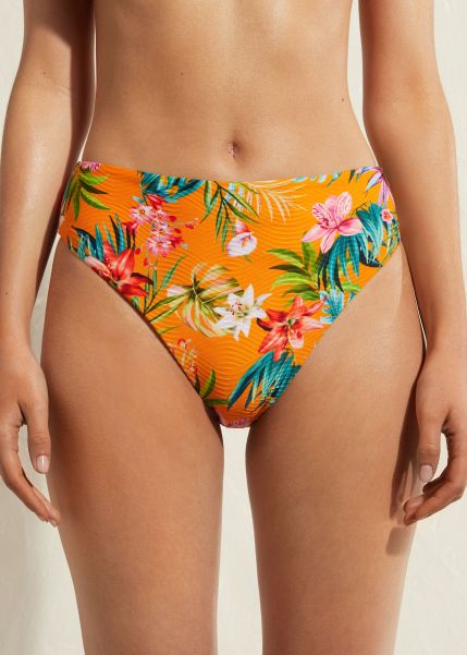 Bikinis Women Coupon 519C Flowers Orange High Waist Swimsuit Bottom Rio Eco Calzedonia