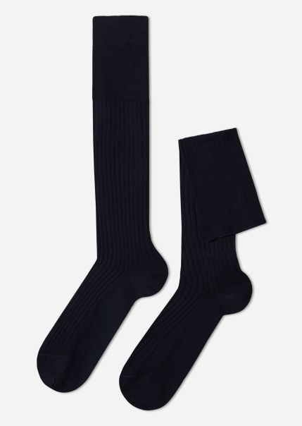 Order Men’s Lisle Thread Ribbed Long Socks Men Long Socks 016 Blue Calzedonia