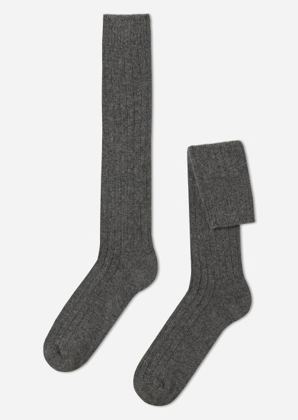 Custom Men’s Ribbed Wool And Cashmere Long Socks Calzedonia 042 Mid Grey Blend Men Long Socks