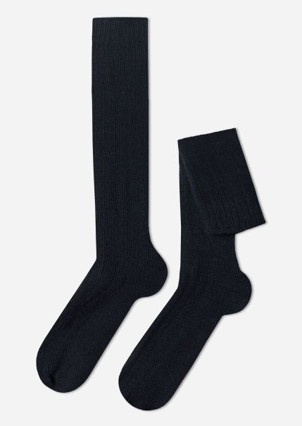 Long Socks Calzedonia Men Men’s Ribbed Wool And Cashmere Long Socks 016 Blue Cutting-Edge