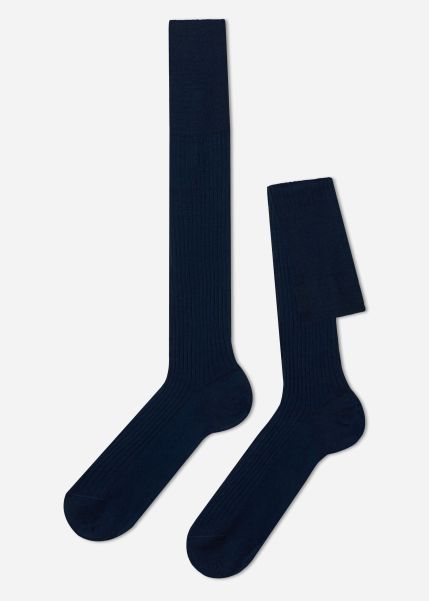Men 870 Light Gray Blue Discounted Men’s Lisle Thread Ribbed Long Socks Calzedonia Long Socks