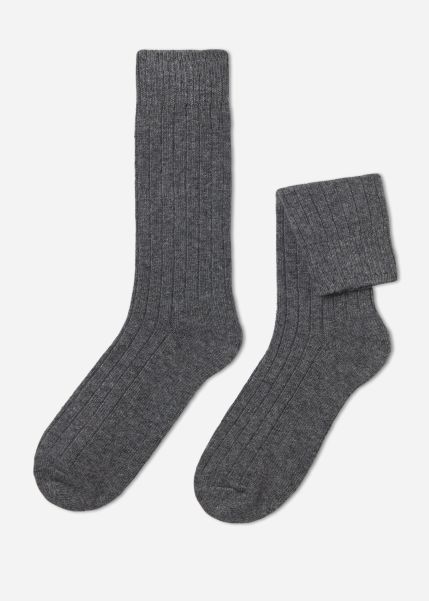 Men’s Ribbed Crew Socks With Wool And Cashmere Shop Men Calzedonia Crew Socks 042 Mid Grey Blend